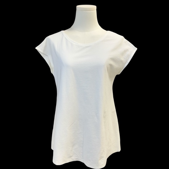 Eileen Fisher Shirt Womens Small White Scoop Neck Cap Sleeve Crepe Knit Made USA - Picture 1 of 11